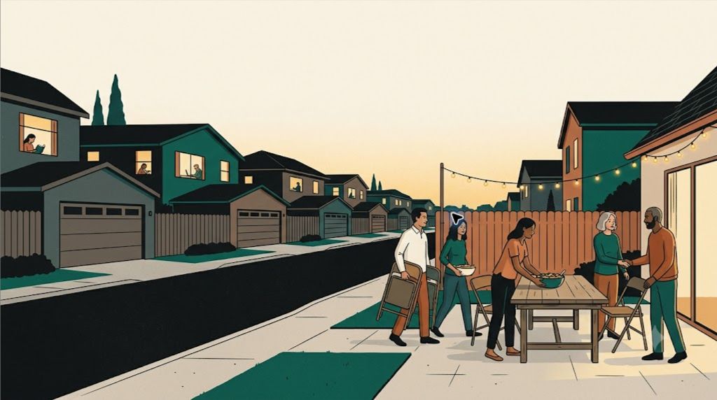 A neighborhood shifting from isolation to a recurring gathering